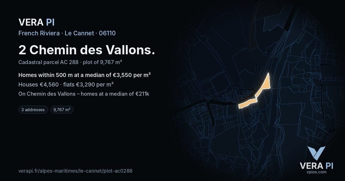 2 Chemin des Vallons, Le Cannet at night – the plot lit, the parcels around coloured by the prices near them