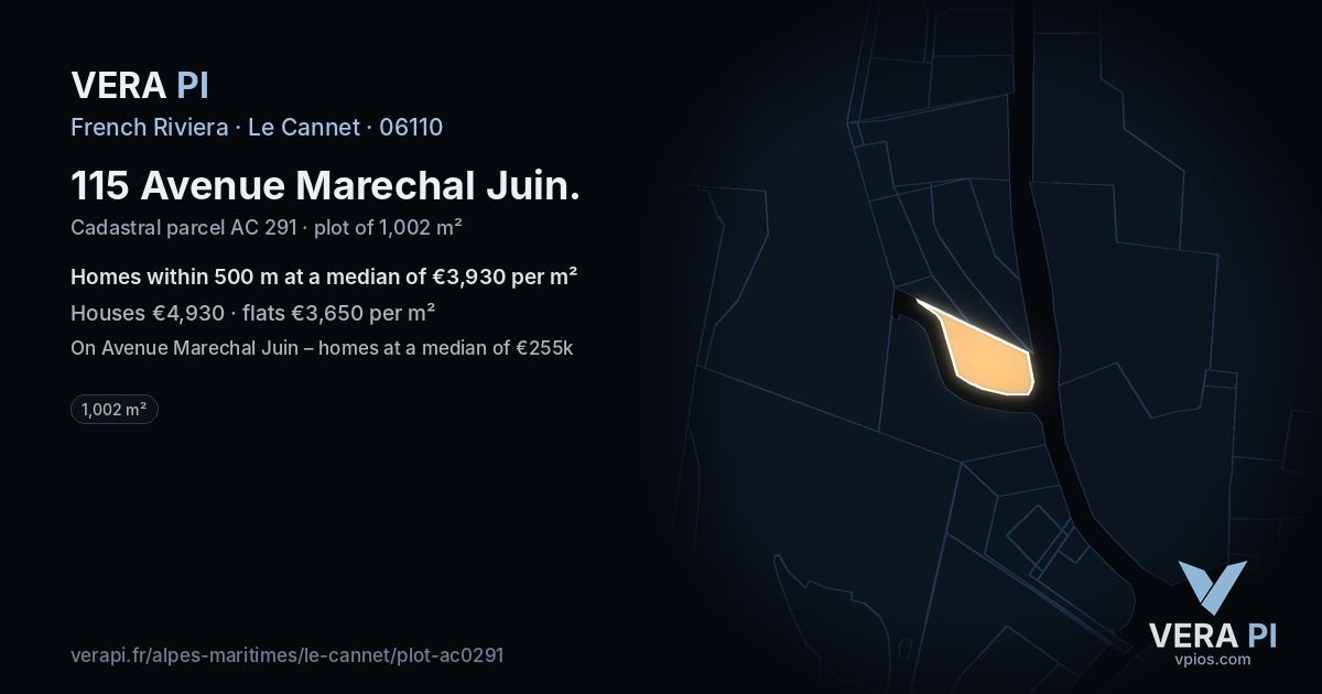 115 Avenue Marechal Juin, Le Cannet at night – the plot lit, the parcels around coloured by the prices near them