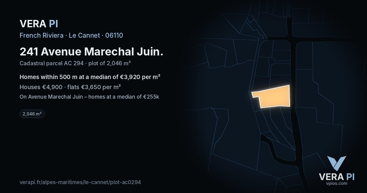 241 Avenue Marechal Juin, Le Cannet at night – the plot lit, the parcels around coloured by the prices near them