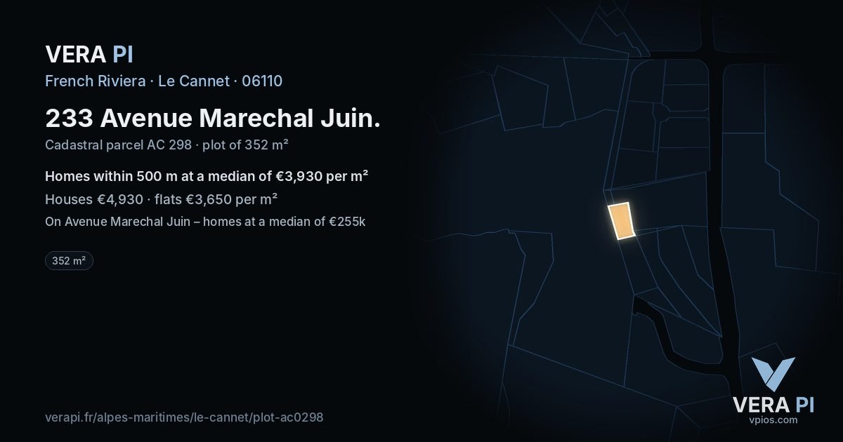 233 Avenue Marechal Juin, Le Cannet at night – the plot lit, the parcels around coloured by the prices near them