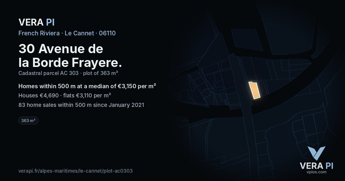 30 Avenue de la Borde Frayere, Le Cannet at night – the plot lit, the parcels around coloured by the prices near them