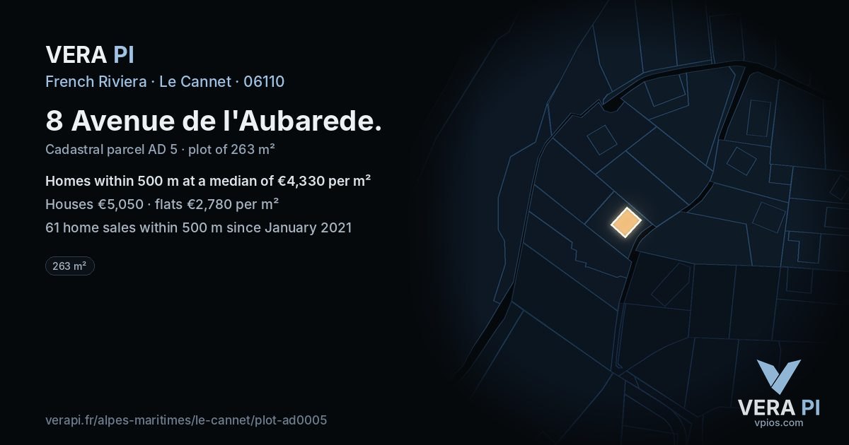 8 Avenue de l'Aubarede, Le Cannet at night – the plot lit, the parcels around coloured by the prices near them