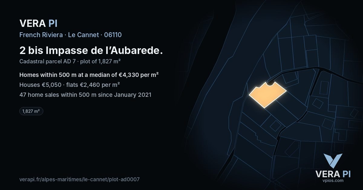 2 bis Impasse de l’Aubarede, Le Cannet at night – the plot lit, the parcels around coloured by the prices near them