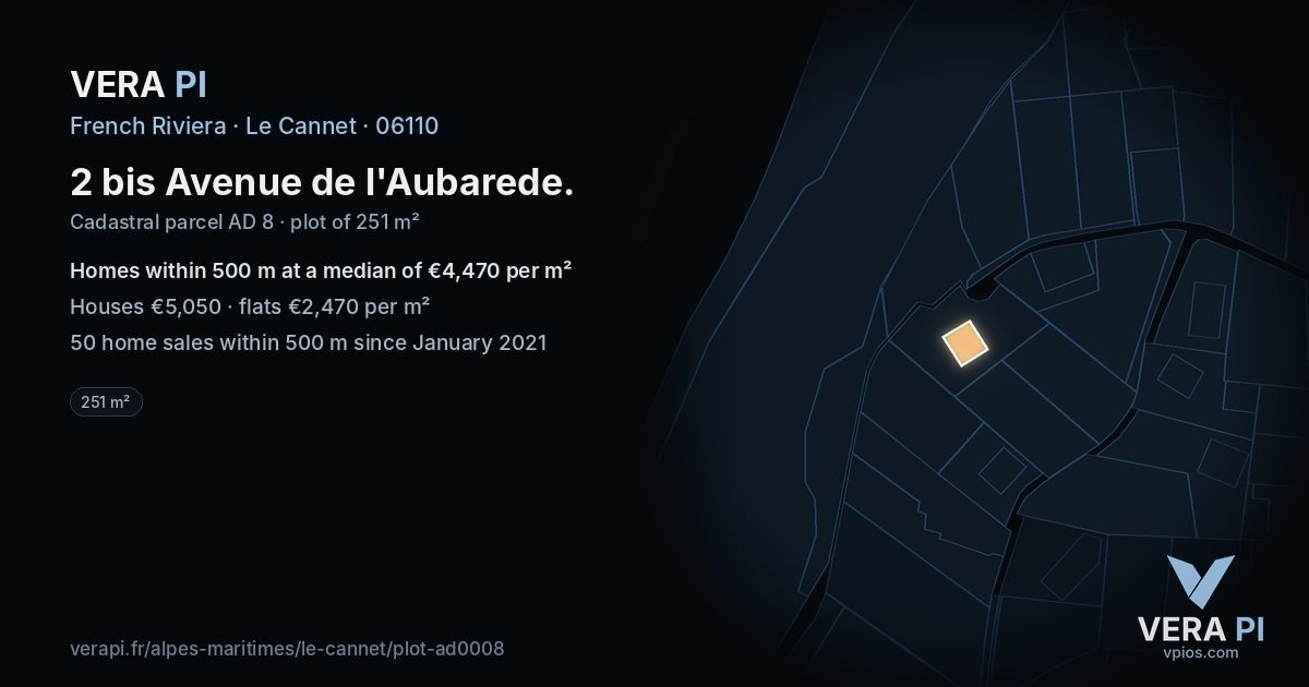2 bis Avenue de l'Aubarede, Le Cannet at night – the plot lit, the parcels around coloured by the prices near them