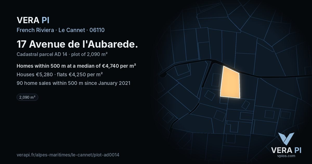 17 Avenue de l'Aubarede, Le Cannet at night – the plot lit, the parcels around coloured by the prices near them
