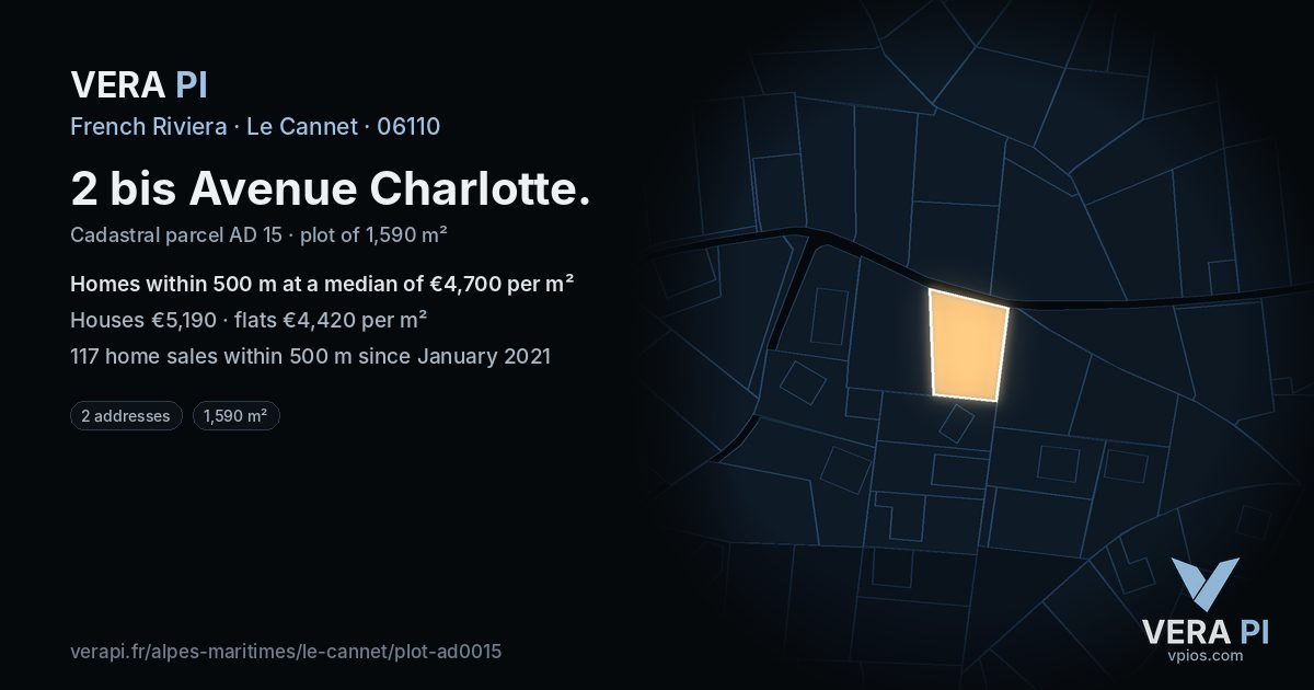 2 bis Avenue Charlotte, Le Cannet at night – the plot lit, the parcels around coloured by the prices near them