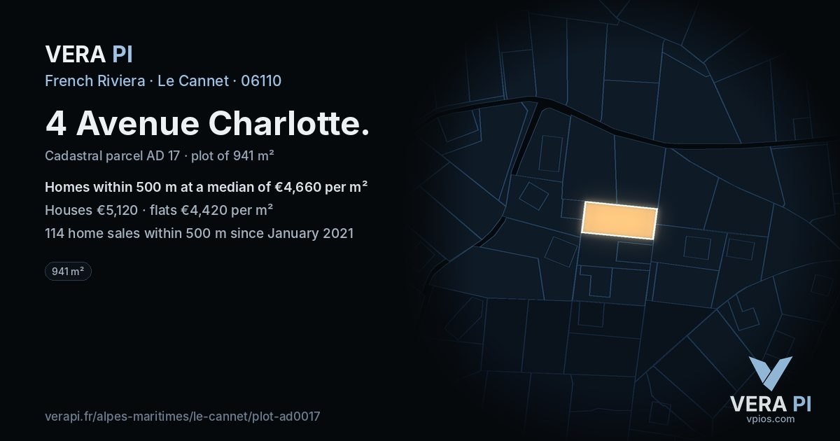 4 Avenue Charlotte, Le Cannet at night – the plot lit, the parcels around coloured by the prices near them