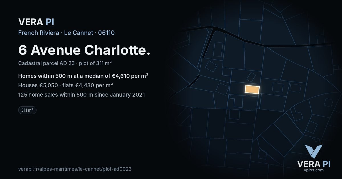 6 Avenue Charlotte, Le Cannet at night – the plot lit, the parcels around coloured by the prices near them