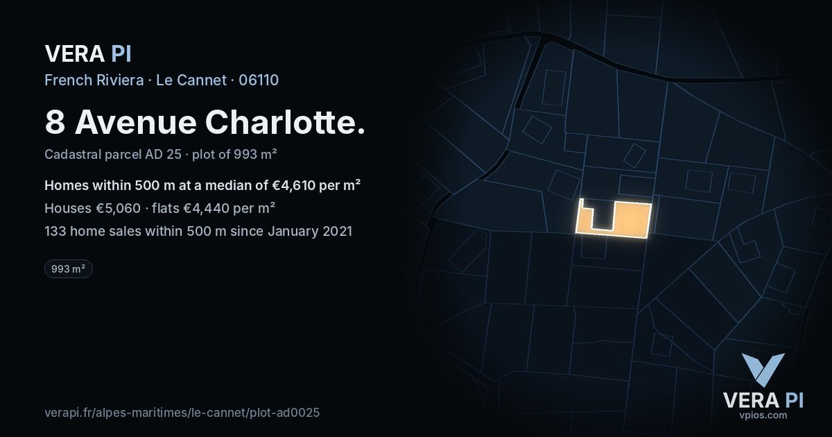8 Avenue Charlotte, Le Cannet at night – the plot lit, the parcels around coloured by the prices near them