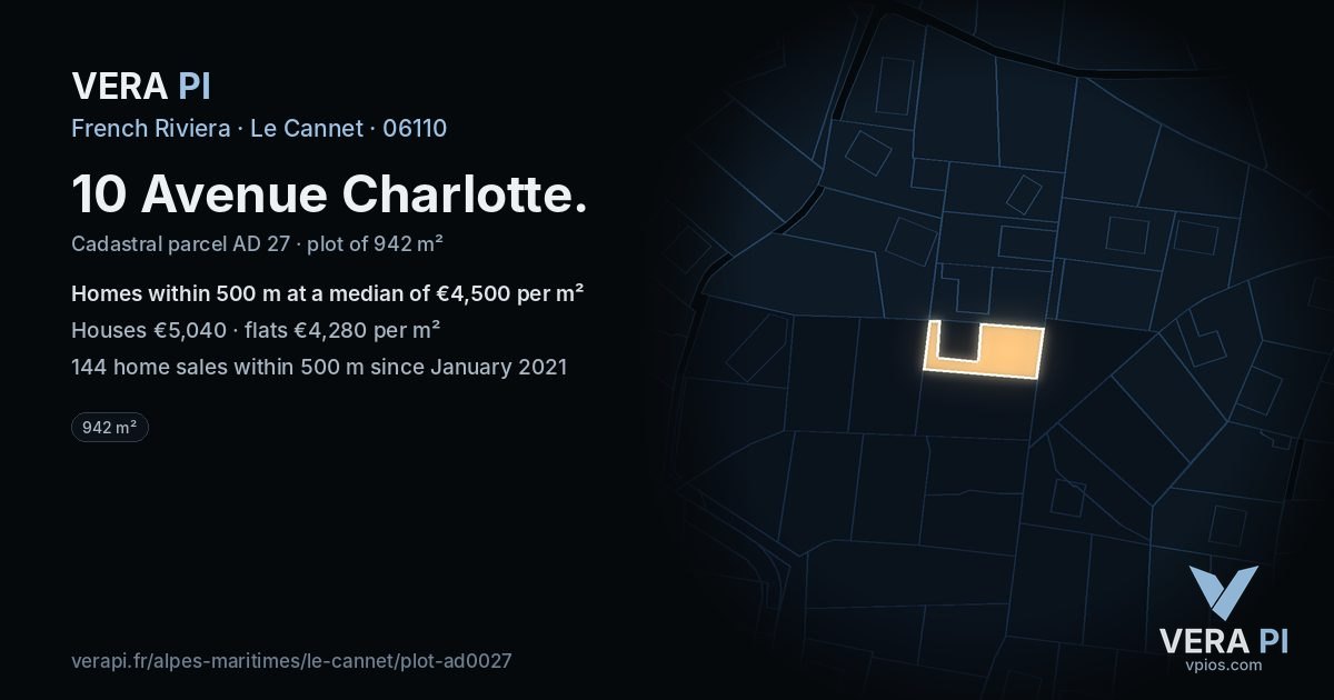 10 Avenue Charlotte, Le Cannet at night – the plot lit, the parcels around coloured by the prices near them