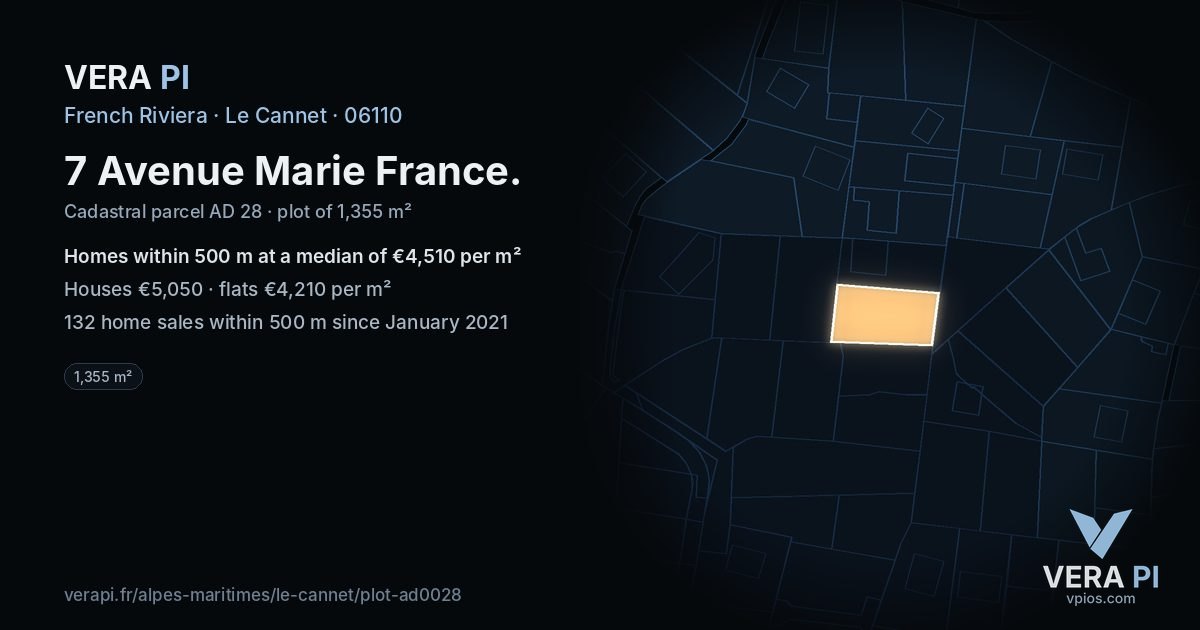 7 Avenue Marie France, Le Cannet at night – the plot lit, the parcels around coloured by the prices near them