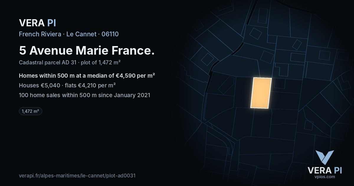 5 Avenue Marie France, Le Cannet at night – the plot lit, the parcels around coloured by the prices near them