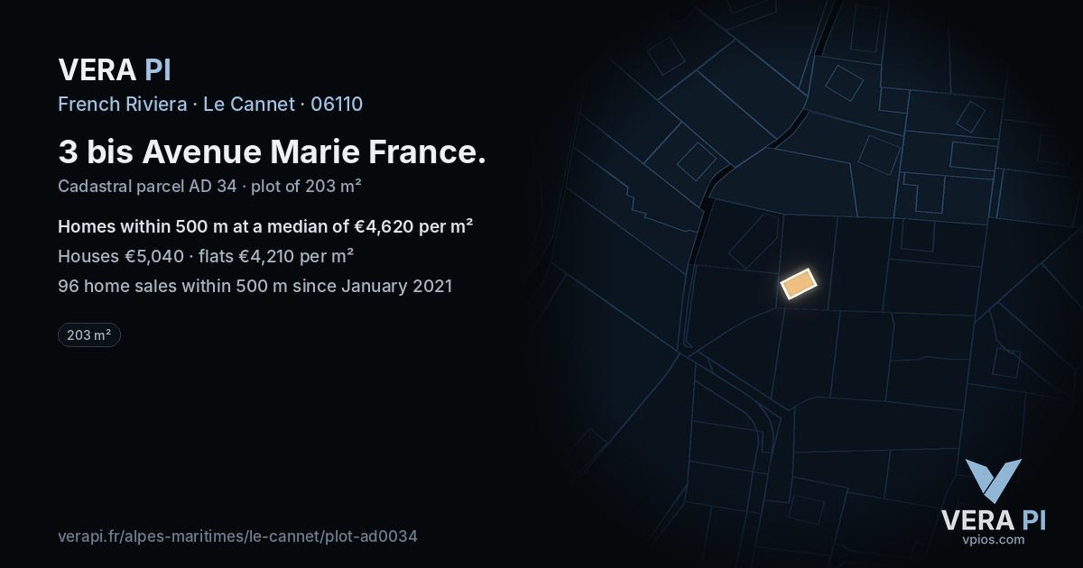 3 bis Avenue Marie France, Le Cannet at night – the plot lit, the parcels around coloured by the prices near them