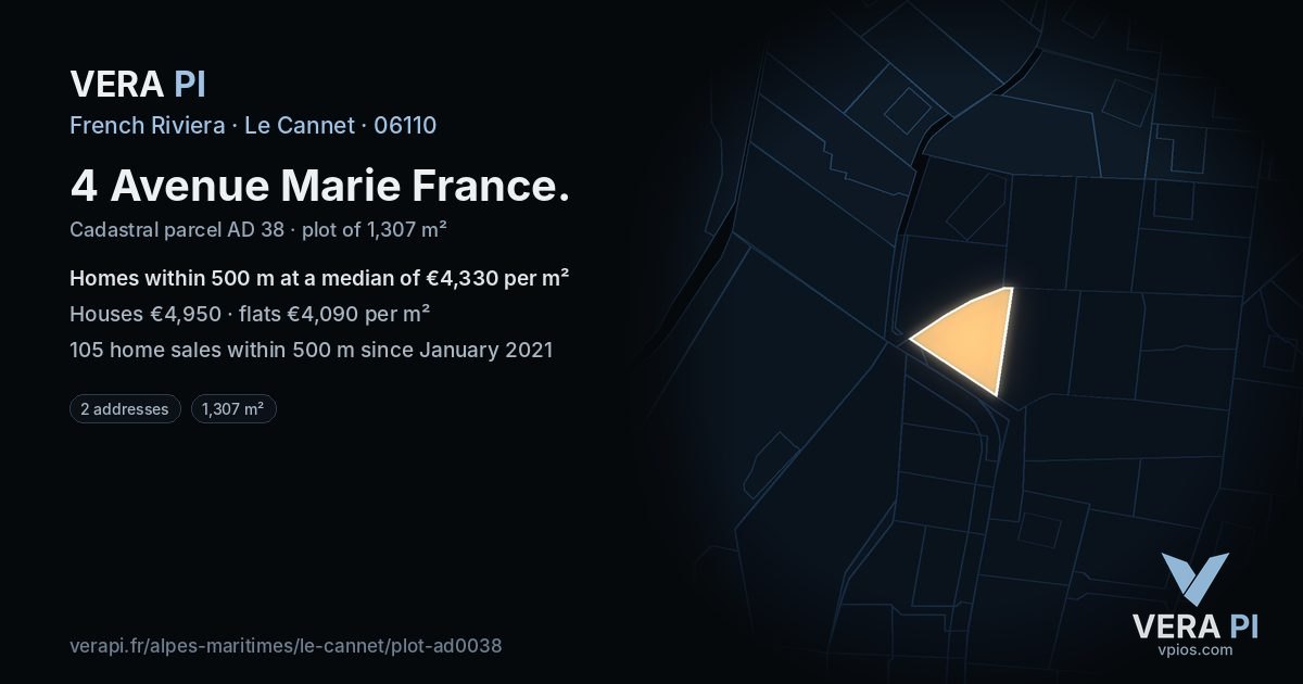 4 Avenue Marie France, Le Cannet at night – the plot lit, the parcels around coloured by the prices near them