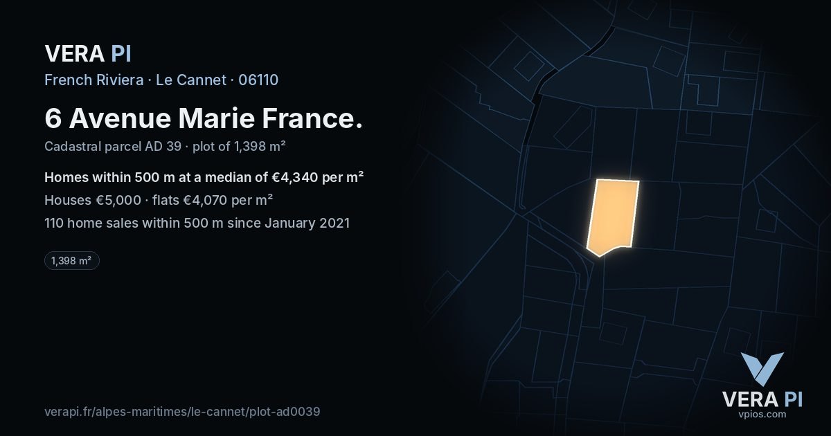 6 Avenue Marie France, Le Cannet at night – the plot lit, the parcels around coloured by the prices near them
