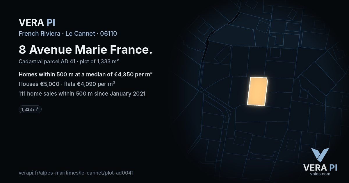 8 Avenue Marie France, Le Cannet at night – the plot lit, the parcels around coloured by the prices near them