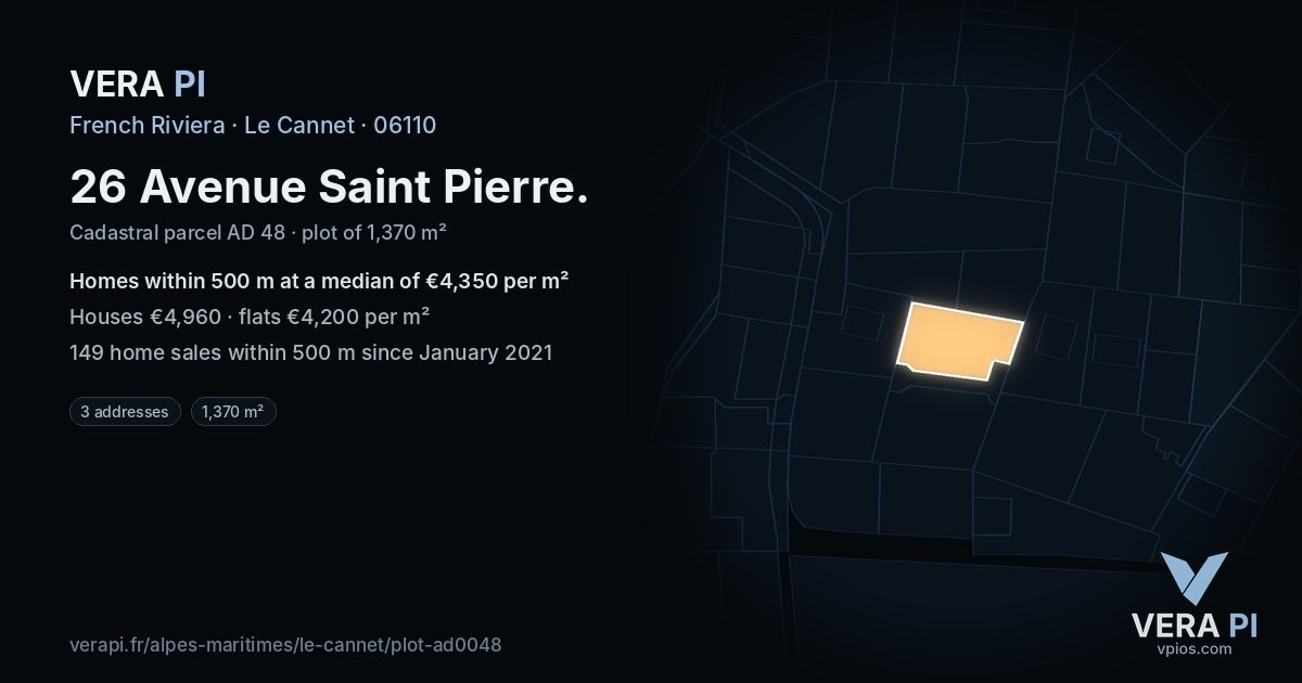 26 Avenue Saint Pierre, Le Cannet at night – the plot lit, the parcels around coloured by the prices near them