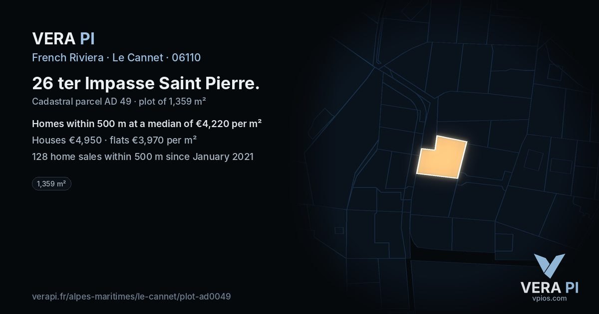 26 ter Impasse Saint Pierre, Le Cannet at night – the plot lit, the parcels around coloured by the prices near them