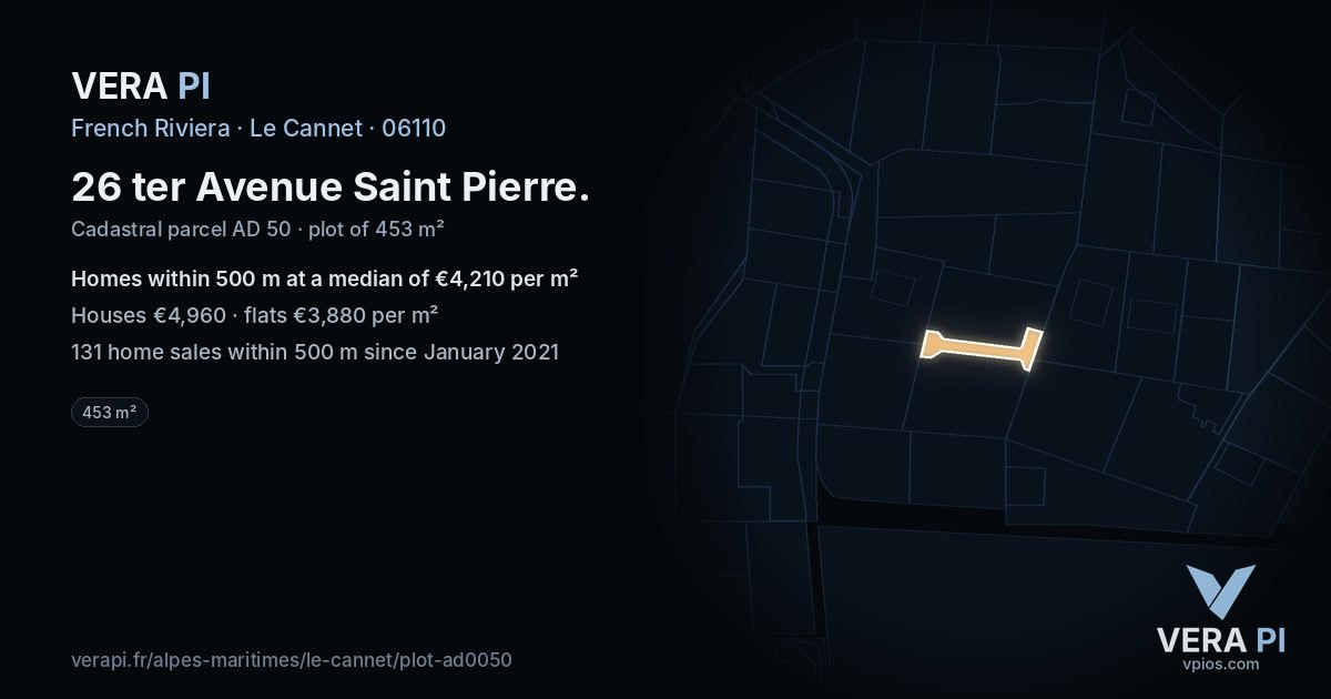 26 ter Avenue Saint Pierre, Le Cannet at night – the plot lit, the parcels around coloured by the prices near them