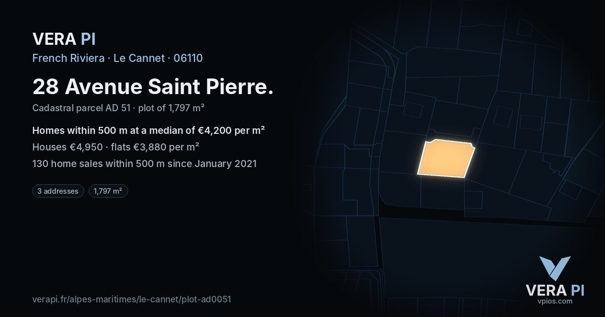 28 Avenue Saint Pierre, Le Cannet at night – the plot lit, the parcels around coloured by the prices near them