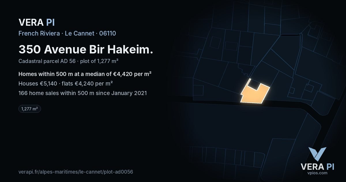 350 Avenue Bir Hakeim, Le Cannet at night – the plot lit, the parcels around coloured by the prices near them