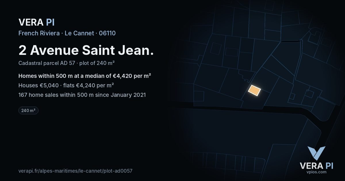 2 Avenue Saint Jean, Le Cannet at night – the plot lit, the parcels around coloured by the prices near them