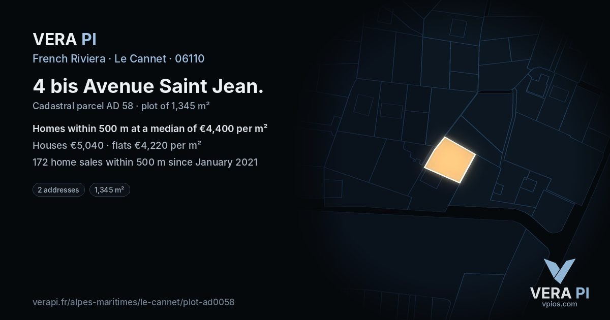 4 bis Avenue Saint Jean, Le Cannet at night – the plot lit, the parcels around coloured by the prices near them