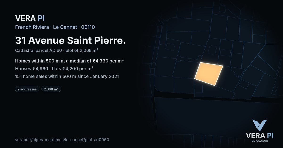 31 Avenue Saint Pierre, Le Cannet at night – the plot lit, the parcels around coloured by the prices near them