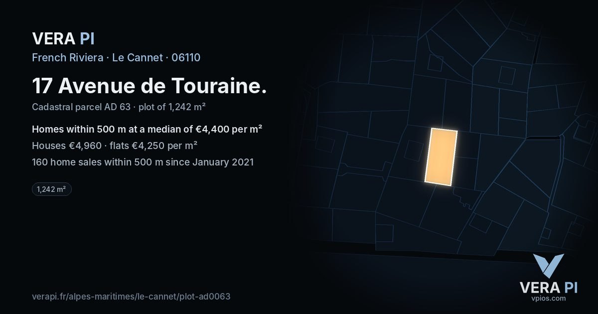 17 Avenue de Touraine, Le Cannet at night – the plot lit, the parcels around coloured by the prices near them