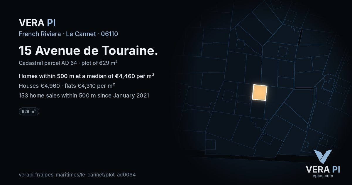 15 Avenue de Touraine, Le Cannet at night – the plot lit, the parcels around coloured by the prices near them