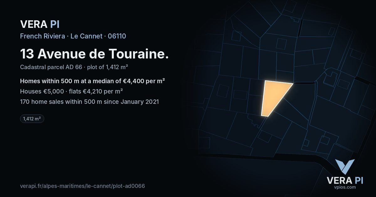 13 Avenue de Touraine, Le Cannet at night – the plot lit, the parcels around coloured by the prices near them