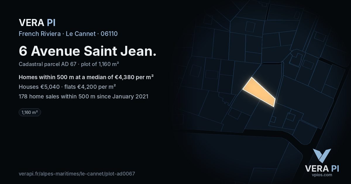 6 Avenue Saint Jean, Le Cannet at night – the plot lit, the parcels around coloured by the prices near them