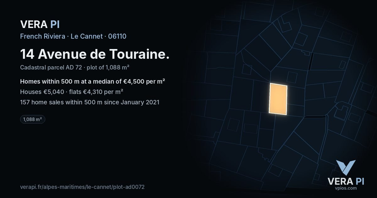 14 Avenue de Touraine, Le Cannet at night – the plot lit, the parcels around coloured by the prices near them