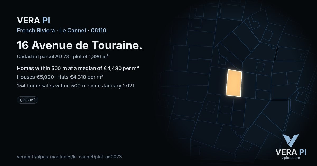 16 Avenue de Touraine, Le Cannet at night – the plot lit, the parcels around coloured by the prices near them