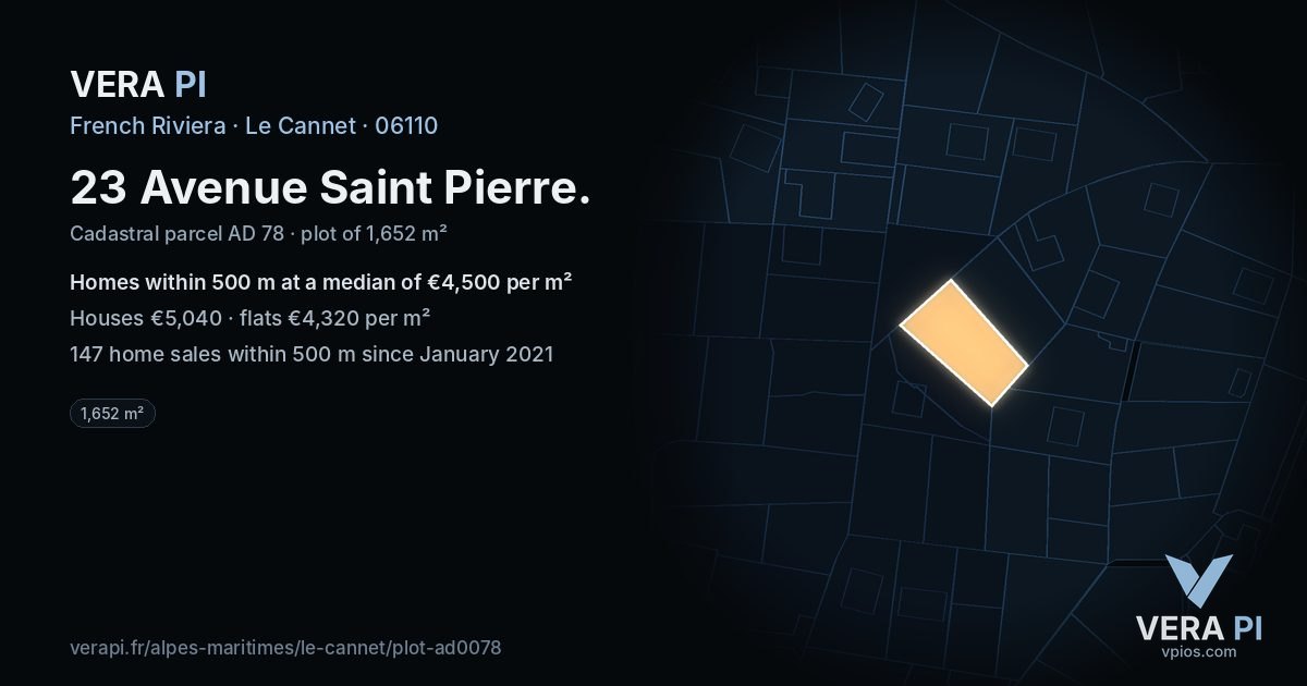 23 Avenue Saint Pierre, Le Cannet at night – the plot lit, the parcels around coloured by the prices near them