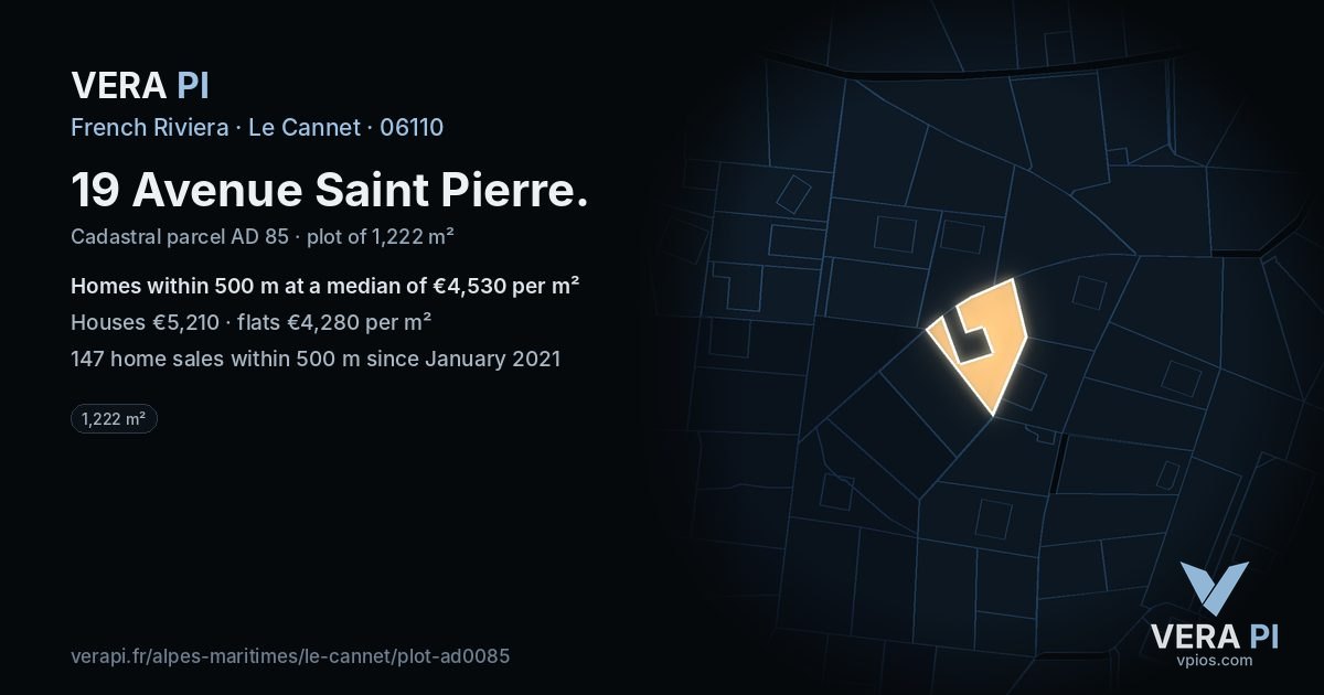 19 Avenue Saint Pierre, Le Cannet at night – the plot lit, the parcels around coloured by the prices near them