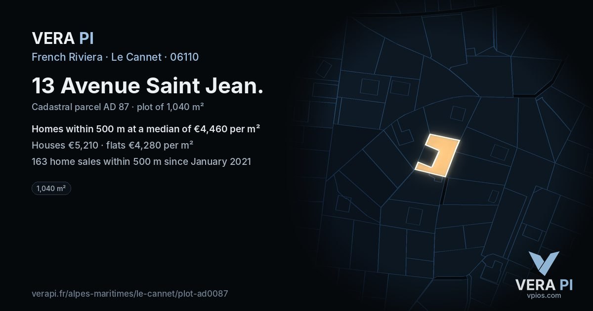 13 Avenue Saint Jean, Le Cannet at night – the plot lit, the parcels around coloured by the prices near them