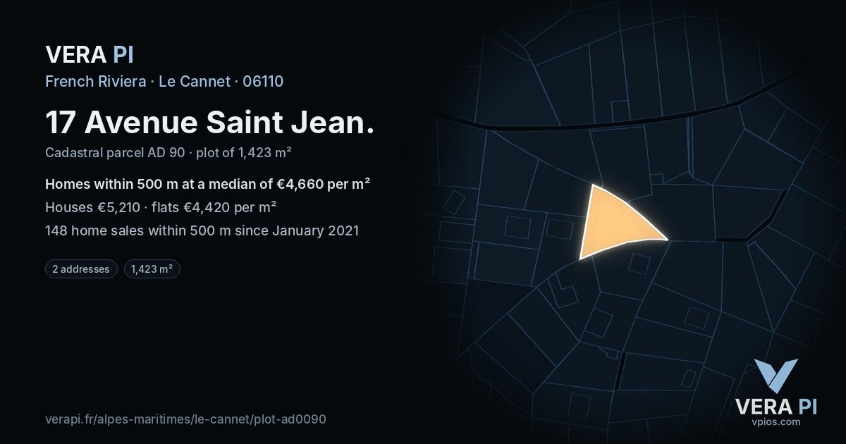 17 Avenue Saint Jean, Le Cannet at night – the plot lit, the parcels around coloured by the prices near them
