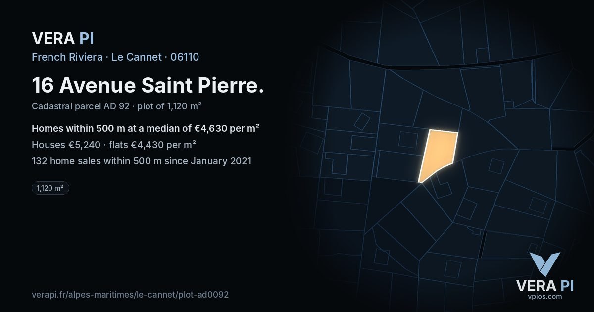 16 Avenue Saint Pierre, Le Cannet at night – the plot lit, the parcels around coloured by the prices near them