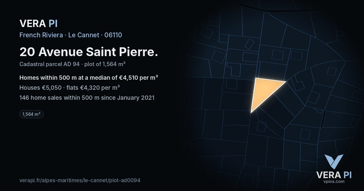 20 Avenue Saint Pierre, Le Cannet at night – the plot lit, the parcels around coloured by the prices near them