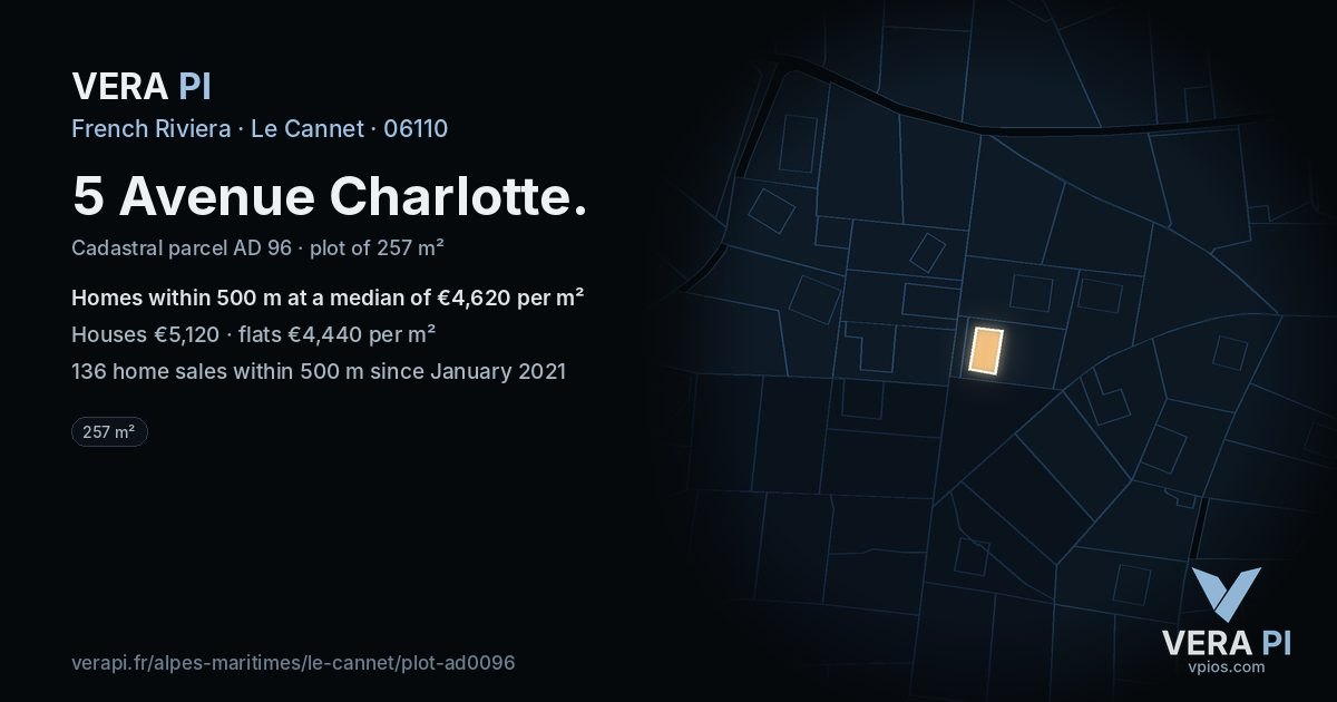 5 Avenue Charlotte, Le Cannet at night – the plot lit, the parcels around coloured by the prices near them