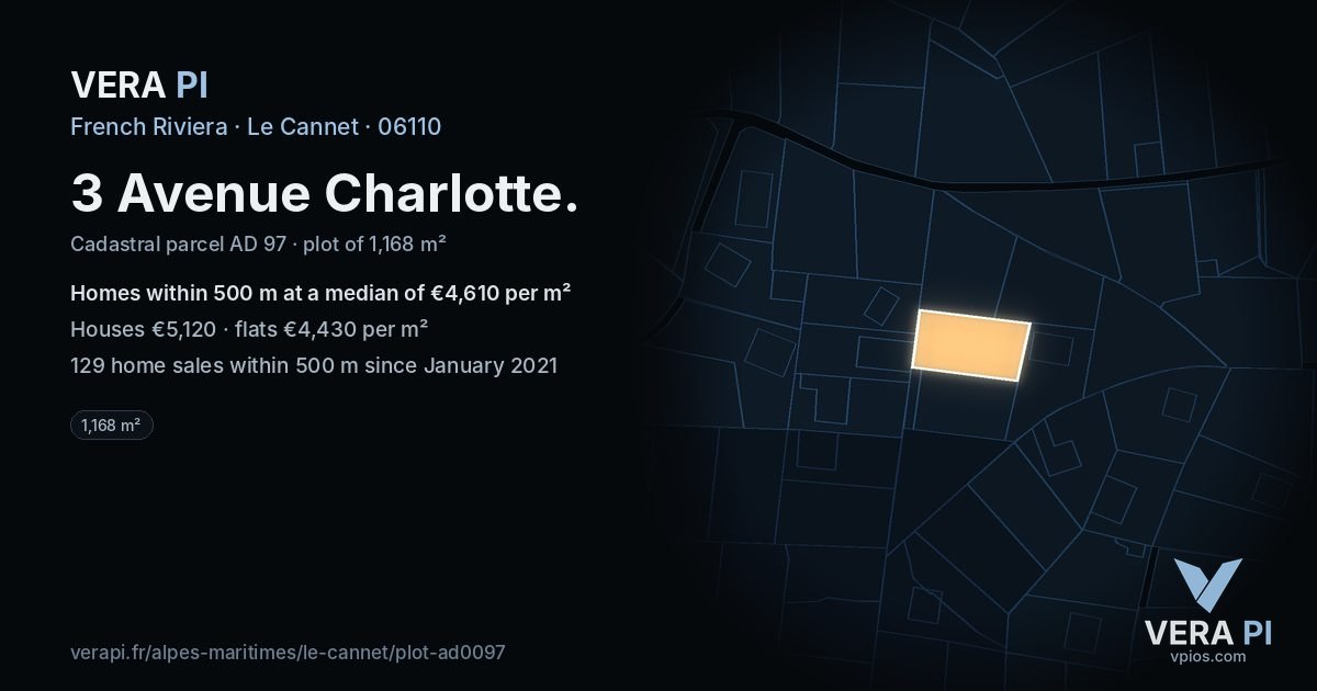 3 Avenue Charlotte, Le Cannet at night – the plot lit, the parcels around coloured by the prices near them