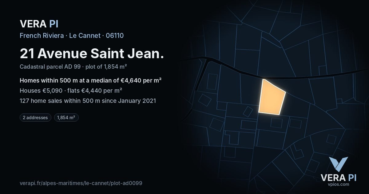 21 Avenue Saint Jean, Le Cannet at night – the plot lit, the parcels around coloured by the prices near them