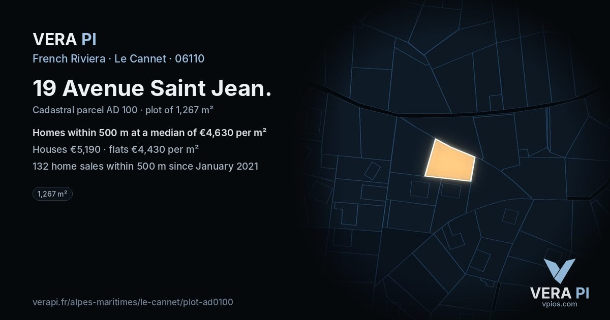 19 Avenue Saint Jean, Le Cannet at night – the plot lit, the parcels around coloured by the prices near them