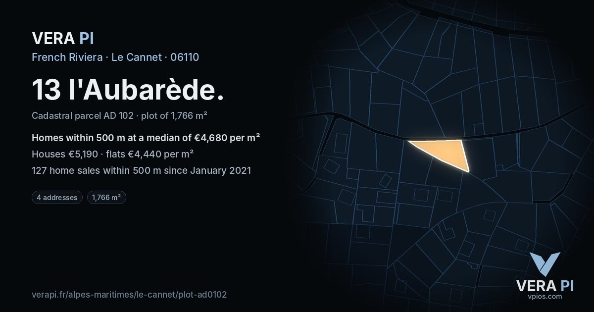 13 l'Aubarède, Le Cannet at night – the plot lit, the parcels around coloured by the prices near them