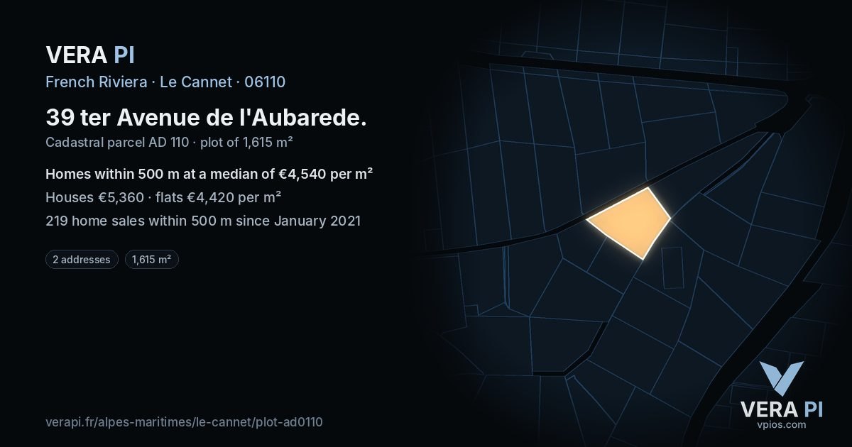 39 ter Avenue de l'Aubarede, Le Cannet at night – the plot lit, the parcels around coloured by the prices near them