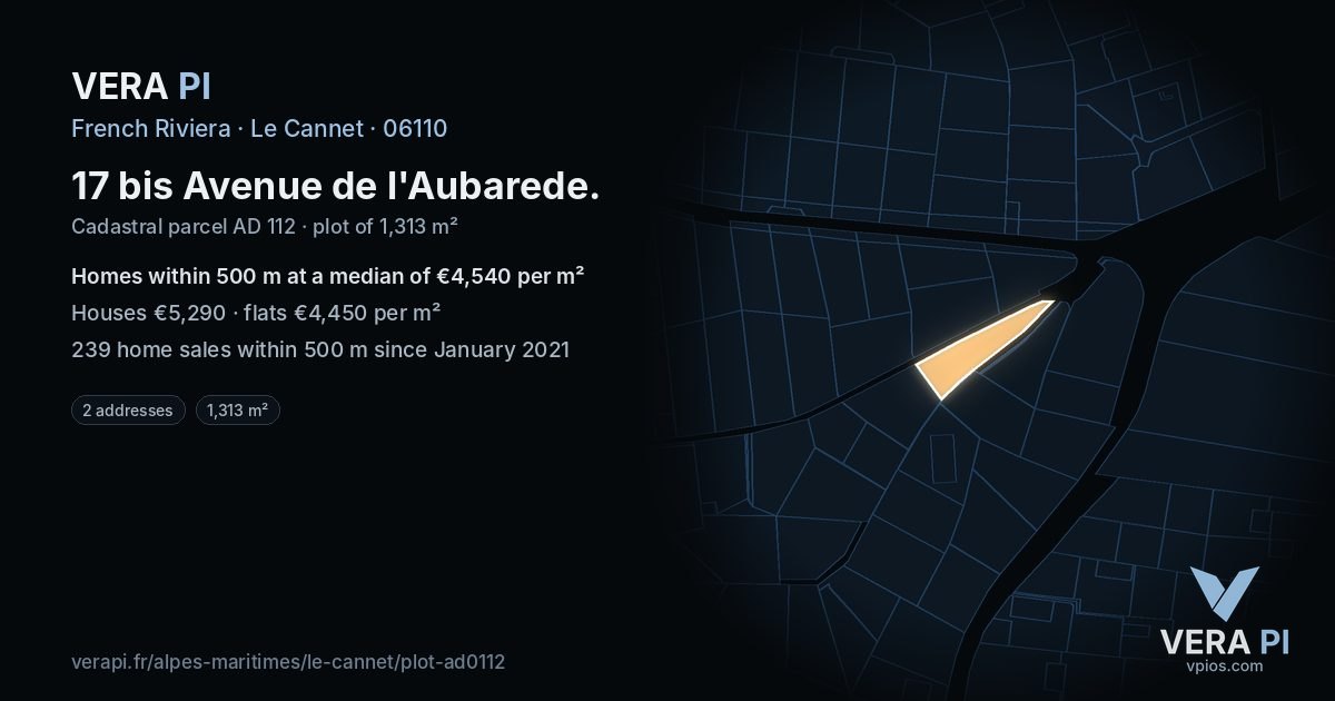 17 bis Avenue de l'Aubarede, Le Cannet at night – the plot lit, the parcels around coloured by the prices near them