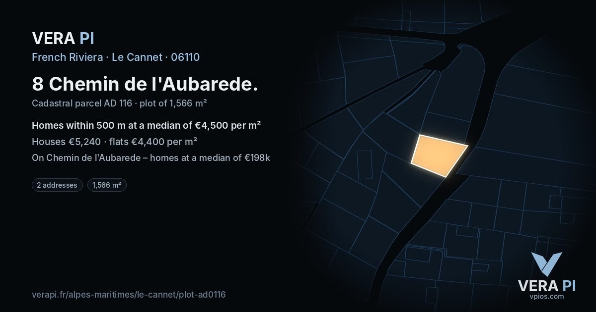 8 Chemin de l'Aubarede, Le Cannet at night – the plot lit, the parcels around coloured by the prices near them