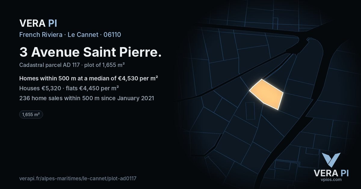 3 Avenue Saint Pierre, Le Cannet at night – the plot lit, the parcels around coloured by the prices near them