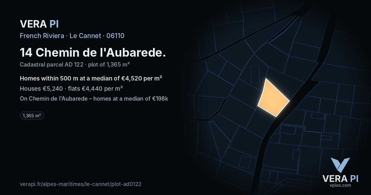 14 Chemin de l'Aubarede, Le Cannet at night – the plot lit, the parcels around coloured by the prices near them